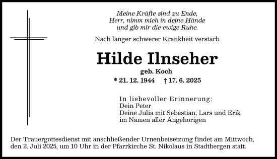 Traueranzeige von Hilde Ilnseher von Augsburger Allgemeine