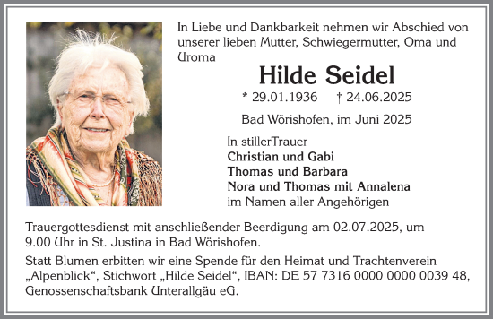 Traueranzeige von Hilde Seidel von Mindelheimer Zeitung
