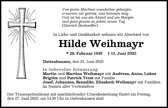 Traueranzeige von Hilde Weihmayr von Donau Zeitung