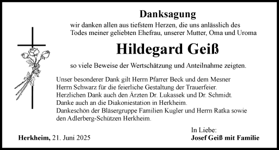 Traueranzeige von Hildegard Geiß von Rieser Nachrichten