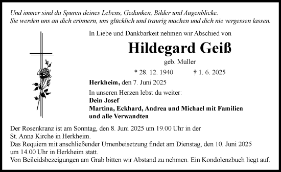 Traueranzeige von Hildegard Geiß von Rieser Nachrichten