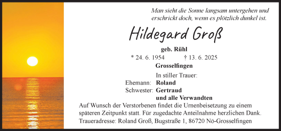 Traueranzeige von Hildegard Groß von Rieser Nachrichten