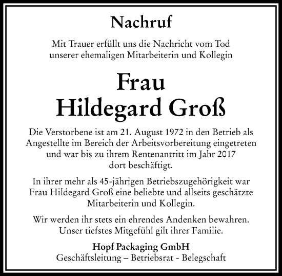 Traueranzeige von Hildegard Groß von Rieser Nachrichten