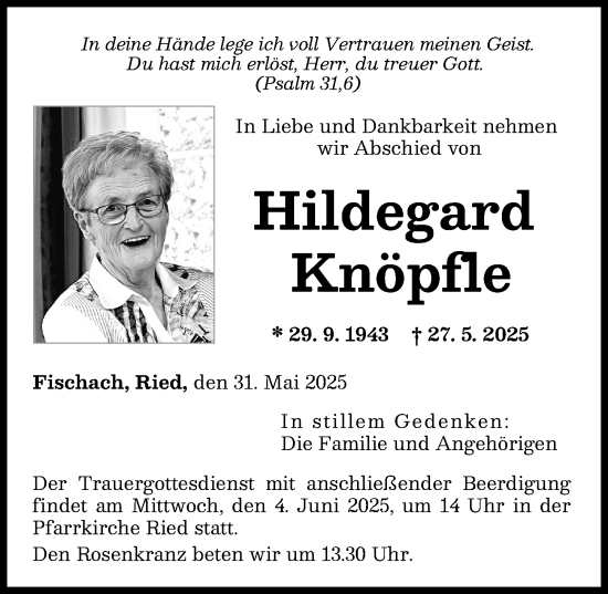 Traueranzeige von Hildegard Knöpfle von Augsburger Allgemeine