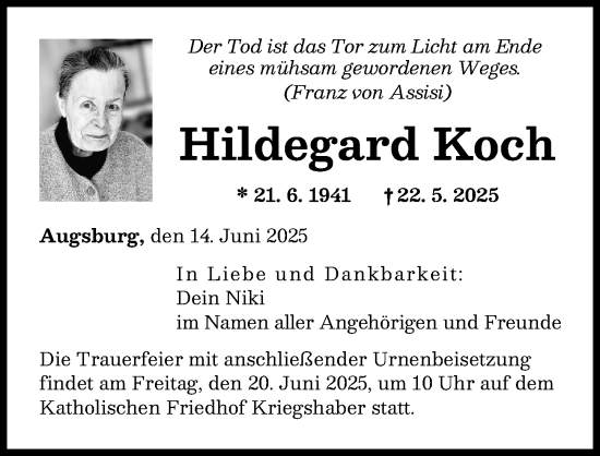 Traueranzeige von Hildegard Koch von Augsburger Allgemeine