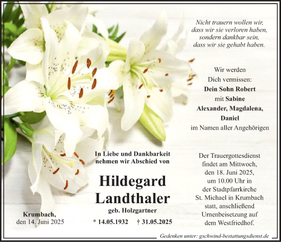 Traueranzeige von Hildegard Landthaler von Mittelschwäbische Nachrichten