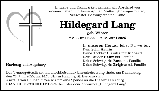 Traueranzeige von Hildegard Lang von Donauwörther Zeitung, Rieser Nachrichten