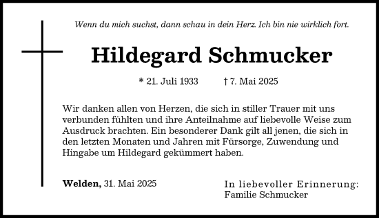 Traueranzeige von Hildegard Schmucker von Augsburger Allgemeine