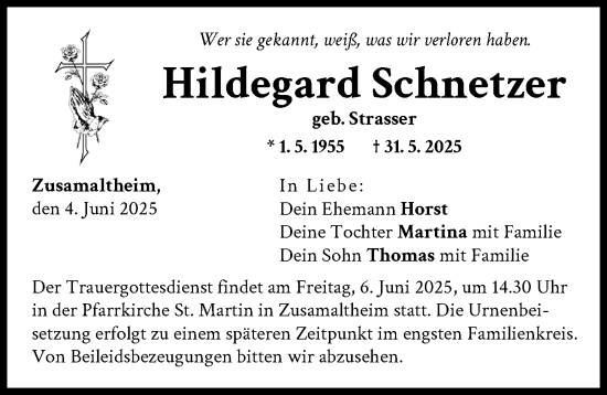 Traueranzeige von Hildegard Schnetzer von Wertinger Zeitung