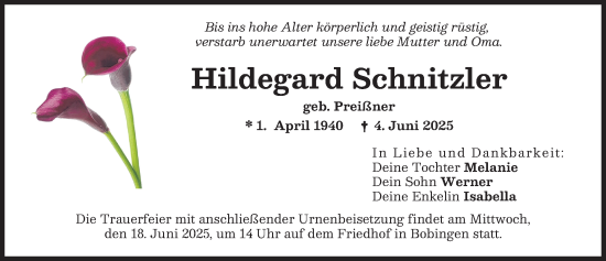 Traueranzeige von Hildegard Schnitzler von Schwabmünchner Allgemeine
