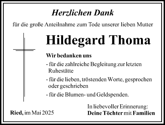 Traueranzeige von Hildegard Thoma von Günzburger Zeitung, Mittelschwäbische Nachrichten