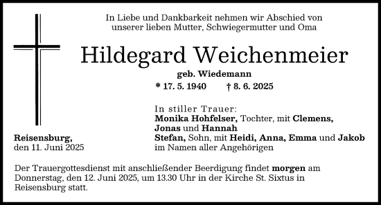 Traueranzeige von Hildegard Weichenmeier von Günzburger Zeitung