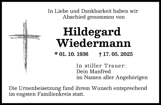Traueranzeige von Hildegard Wiedermann von Augsburger Allgemeine