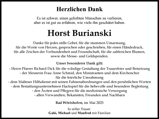 Traueranzeige von Horst Burianski von Mindelheimer Zeitung
