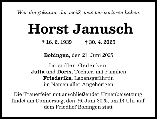 Traueranzeige von Horst Janusch von Schwabmünchner Allgemeine