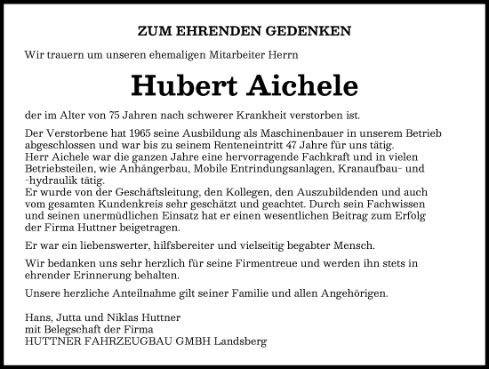 Traueranzeige von Hubert Aichele von Ammersee Kurier