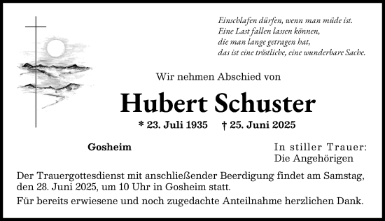 Traueranzeige von Hubert Schuster von Donauwörther Zeitung