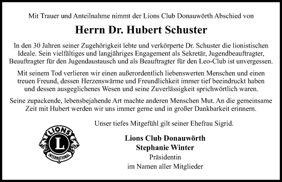 Traueranzeige von Hubert Schuster von Donauwörther Zeitung