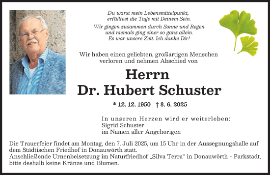 Traueranzeige von Hubert Schuster von Donauwörther Zeitung
