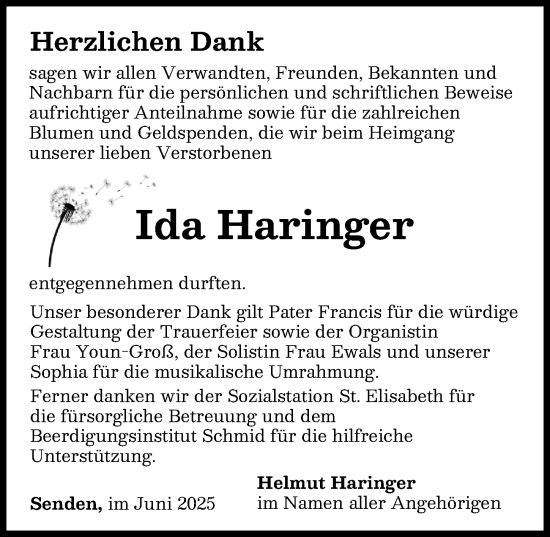 Traueranzeige von Ida Haringer von Neu-Ulmer Zeitung