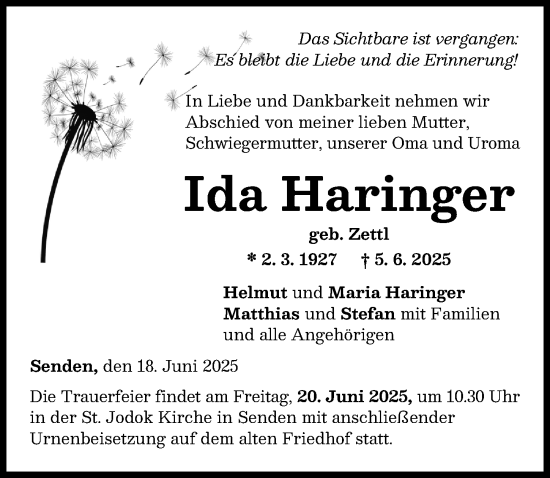 Traueranzeige von Ida Haringer von Neu-Ulmer Zeitung