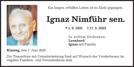 Traueranzeige von Ignaz Nimführ sen. von Friedberger Allgemeine
