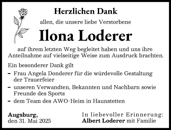 Traueranzeige von Ilona Loderer von Augsburger Allgemeine