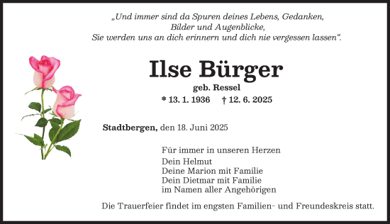 Traueranzeige von Ilse Bürger von Augsburger Allgemeine