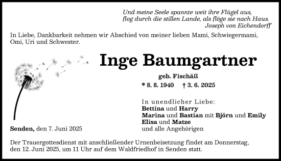 Traueranzeige von Inge Baumgartner von Neu-Ulmer Zeitung