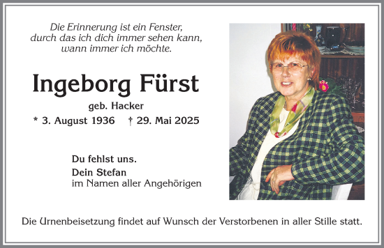Traueranzeige von Ingeborg Fürst von Mindelheimer Zeitung