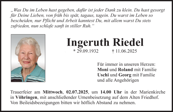 Traueranzeige von Ingeruth Riedel von Illertisser Zeitung