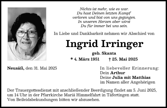 Traueranzeige von Ingrid Irringer von Augsburger Allgemeine