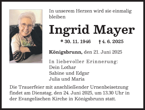 Traueranzeige von Ingrid Mayer von Augsburger Allgemeine