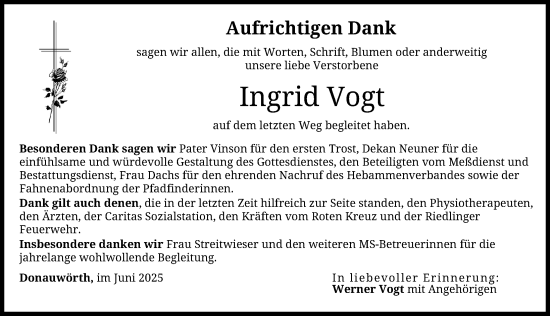 Traueranzeige von Ingrid Vogt von Donauwörther Zeitung