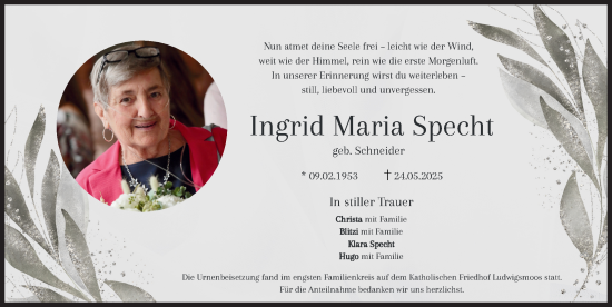 Traueranzeige von Ingrid Maria Specht von Neuburger Rundschau