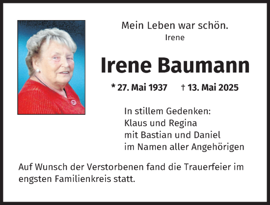 Traueranzeige von Irene Baumann von Augsburger Allgemeine