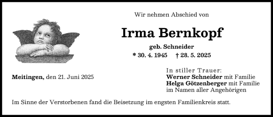 Traueranzeige von Irma Bernkopf von Augsburg-Land