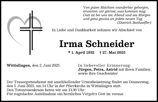 Traueranzeige von Irma Schneider von Donau Zeitung