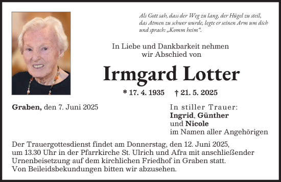 Traueranzeige von Irmgard Lotter von Schwabmünchner Allgemeine