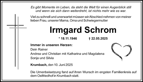 Traueranzeige von Irmgard Schrom von Mittelschwäbische Nachrichten