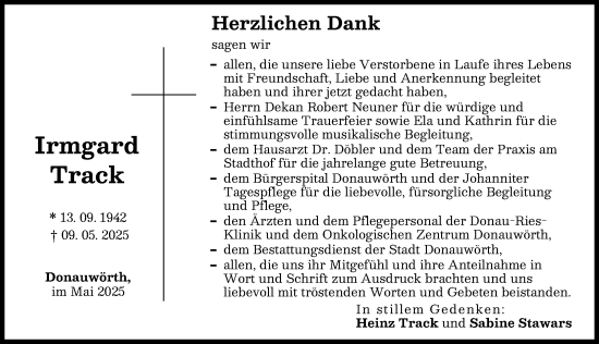 Traueranzeige von Irmgard Track von Donauwörther Zeitung