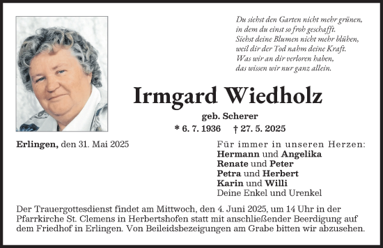 Traueranzeige von Irmgard Wiedholz von Augsburg-Land