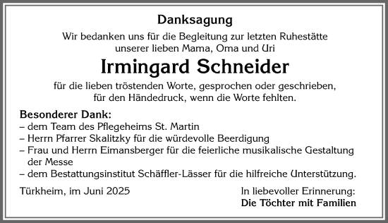 Traueranzeige von Irmingard Schneider von Mindelheimer Zeitung