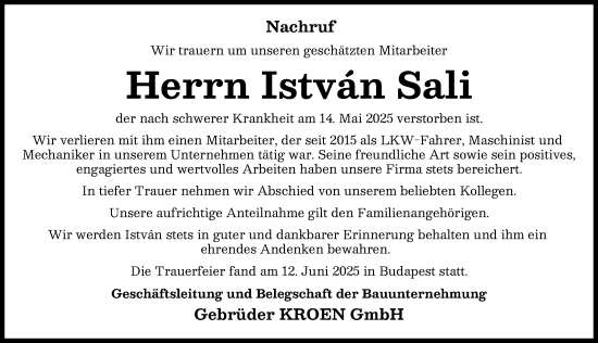 Traueranzeige von Istvan Sali von Schwabmünchner Allgemeine