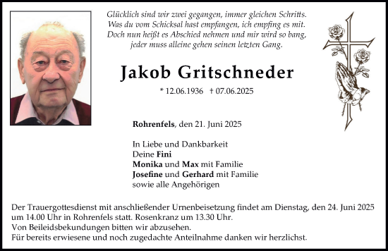 Traueranzeige von Jakob Gritschneder von Neuburger Rundschau