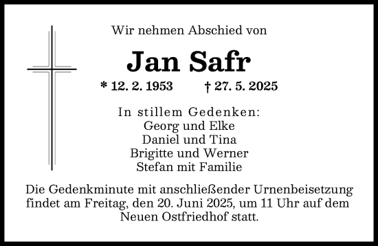 Traueranzeige von Jan Safr von Augsburger Allgemeine