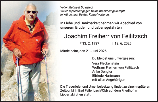 Traueranzeige von Joachim Freiherr von Feilitzsch von Mindelheimer Zeitung