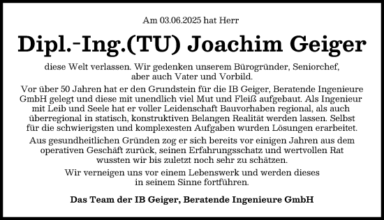 Traueranzeige von Joachim Geiger von Augsburg-Land, Augsburger Allgemeine