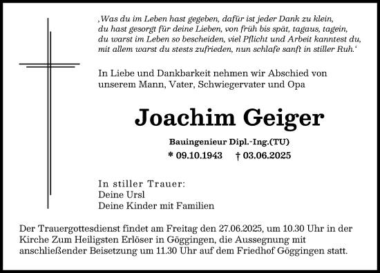 Traueranzeige von Joachim Geiger von Augsburg-Land, Augsburger Allgemeine