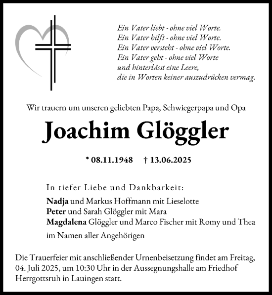 Traueranzeige von Joachim Glöggler von Donau Zeitung